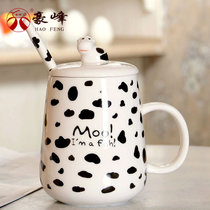 豪峰 创意马克杯陶瓷杯咖啡杯早餐杯牛奶杯卡通可爱水杯带盖勺(【黑色】【小斑点奶牛杯】【配盖勺】)