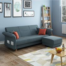 A家家具(沙发床北欧布艺小户型客厅多功能折叠储物沙发两用ADS-034(雅蓝 三人位+脚踏)