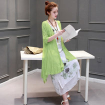 邑概念 夏季新款棉麻连衣裙女文艺范休闲两件套中长款亚麻套装裙1602(黄绿色 XXL)