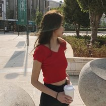 SUNTEK设计感小众t恤女短袖潮2022新款修身心机v领漏脐短款性感紧身上衣(M 红色)