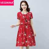 VEGININA  民族风大码短袖宽松印花连衣裙 2906(红色 M)