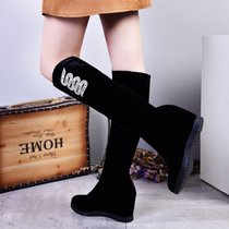 2017磨砂绒面蛇纹印花内坡跟高跟圆头套筒女士高筒靴马靴(39)(黑色)