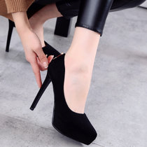 新款韩版性感黑色细跟绒面高跟鞋职业尖头防水台高跟鞋女浅口单鞋(37)(黑色)