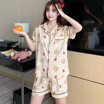 SUNTEK网红睡衣女短袖开衫休闲家居服韩版夏季可爱卡通翻领两件套装(双短5542#黄格草莓熊)