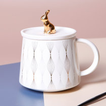松发瓷器陶瓷水杯网红盖杯办公室水杯家用杯子兔子盖子早餐杯麦片杯咖啡杯兔子盖杯 环保材质