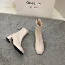 SUNTEK高跟小众设计马丁靴女鞋2021年新款白色短靴弹力瘦瘦靴春秋单靴子(40 米白色 （10%买家选择）)