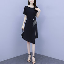 亿梦诗 2021年夏季新款气质名媛中长款黑色短袖显瘦法式连衣裙ET1224(黑色 XXL)