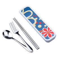 臻酷（ZHENKU）卡通学生叉勺筷三件套装 不锈钢便携餐具(花世界 筷子+尖勺+盒子)
