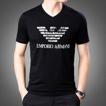 LIDEN AMANI 阿玛尼男士短袖T恤衫棉质V领中青年商务休闲时尚上衣体恤(黑色 180/XXL)