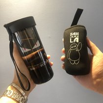 防摔耐热创意磨砂塑料水杯便携儿童男女学生韩版茶杯子ins随手杯(通透黑+杯套)