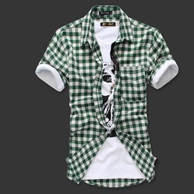 2013夏季 学院风格子衬衫 韩版男士修身短衬衣 短袖衬衫(绿格 XL)