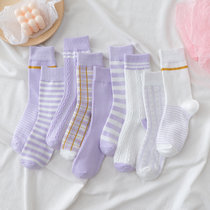 初愫4双装香芋紫清新少女格子条纹透气运动中筒袜子(白色 均码)