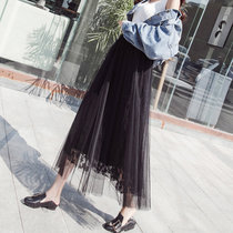 高腰蕾丝2018夏季新款网纱裙修身显瘦a款中长款半身裙(黑色 28/L)