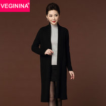 VEGININA 中长款毛衣外套纯色修身针织开衫 10046(黑色 3XL)