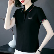 纯棉短袖t恤女夏季2022年新款宽松女装洋气减龄高品质带领polo衫(黑色 XL)