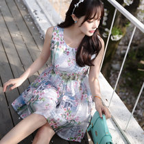 Mistletoe夏季新款女装 韩版甜美印花欧根纱无袖连衣裙F6673(浅灰色 XL)
