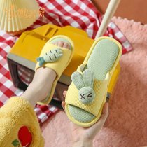 SUNTEK回力儿童卡通可爱棉拖鞋男童女童居家室内地板防滑厚底亚麻布拖鞋(36-37 (适合35-36脚) 黄色萝卜兔 (开口款))