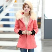 妮蕾迪 女装连帽可摘毛领中长款纯色羊毛呢子大衣外套DHFY3(粉红色 XL)