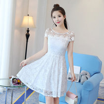 窈兹 夏季女装新款白色蕾丝裙淑女气质修身短袖连衣裙A字裙(白色 XL)
