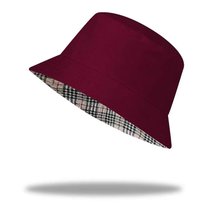 SUNTEK防晒帽遮阳帽订做大帽檐渔夫帽定制logo刺绣儿童帽子盆帽DIY印字(成人（60cm） 酒红色-格子（可双面戴）)