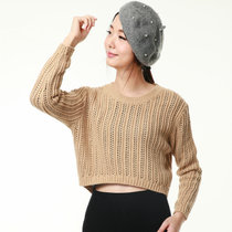 东大门女式新款时尚都市性感短款镂空长袖纯色毛衣百搭针织衫(巧克力色 均码)