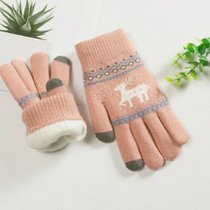 新款小鹿款保暖手套五指触屏毛线针织棉保暖学生大人骑行卡通韩版手套(皮粉色 单层)