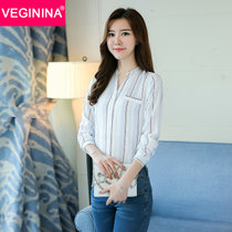 VEGININA 韩版宽松竖条纹衬衣女长袖V领雪纺衬衫 D6115(图片色 XXL)
