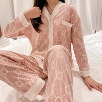 SUNTEK睡衣女春秋季长袖开衫韩版2022年新款舒适简约家居服套装(#QMS-几何格豆沙)