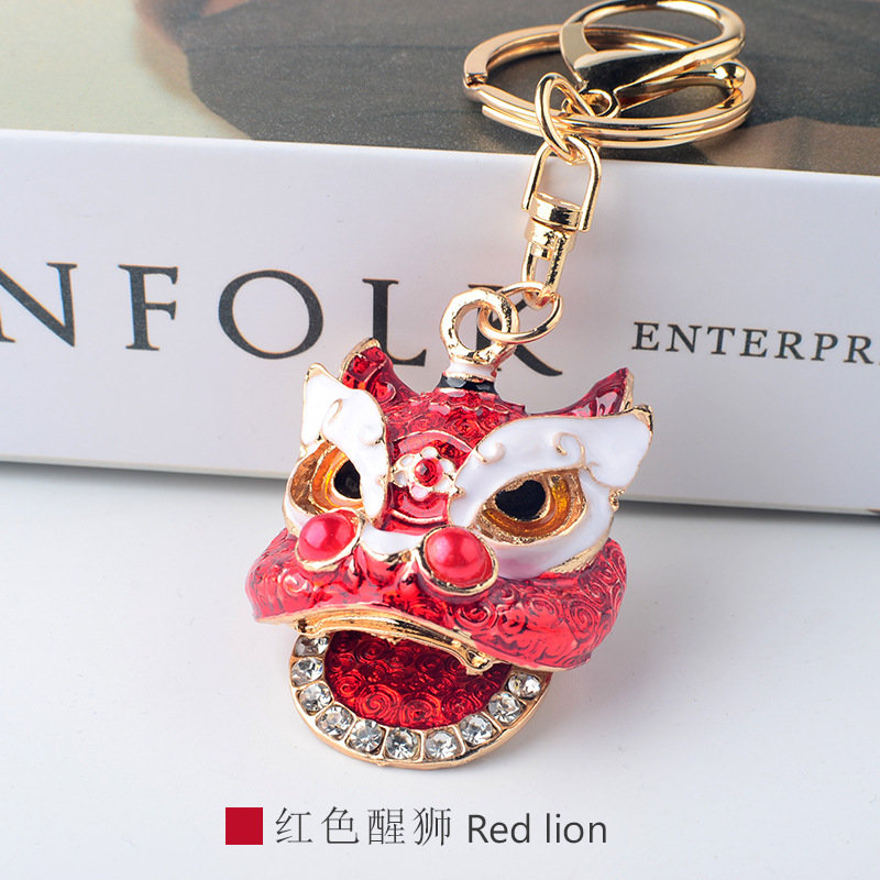 新款醒狮钥匙扣麒麟镶钻中国风小狮子包包挂件佛山舞狮创意小礼品红色