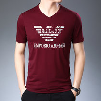 LIDEN AMANI 阿玛尼男士短袖T恤衫棉质V领中青年商务休闲时尚上衣体恤(红色 175/XL)