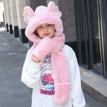 恐龙帽子围巾一体冬季儿童护耳保暖可爱男童女宝宝毛绒手套三件套(儿童天使-粉色 均码（适合2-15岁）)