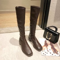 SUNTEK2021年冬季新款方头长筒靴瘦瘦马丁靴加绒骑士靴中跟女靴子女鞋子(37 棕色 绒内里)