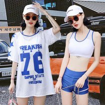2020新款游泳衣女三件套分体保守学生韩版性感大码比基尼温泉泳装(8996 蓝色T袖三件套 L (95-110斤）)