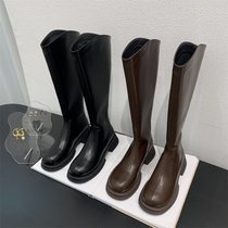 SUNTEK韩版棕色V口显瘦高筒靴女鞋2021年冬季新款圆头长筒靴不过膝长靴(35 棕色长筒绒里361-2A)