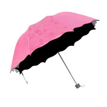 乾越遇水开花雨伞防晒黑胶防紫外线晴雨两用三折叠太阳伞女士遮阳伞(粉红色)