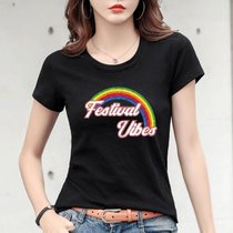 棉 T恤女夏季印花设计感体恤衫修身显瘦上衣韩版女装(七彩彩虹【黑色】 XL)