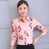 2021衬衫女秋季长袖印花衬衣韩版修身雪纺女显瘦打底衫女上衣(粉色印花 XL)