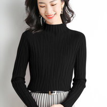 2021女士半高领针织羊毛衫秋冬季新款水波纹提花套头毛衣内搭外穿上衣(黑色 XL)