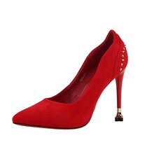 超高跟红色新娘婚鞋2017新款单鞋细跟高跟鞋浅口绒面尖头铆钉女鞋(39)(红色)