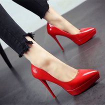 防水台超高跟鞋春季2018新款欧美漆皮简约尖头鞋细跟性感单鞋OL(39)(红色)