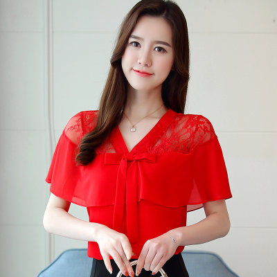 【短袖2018女装夏装新款蕾丝上衣衬衫夏季(2