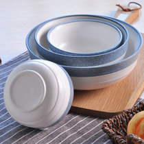日式陶瓷米饭碗碟创意菜盘子咖啡杯简约蓝色边缘马克杯时尚餐具(9英寸雪花釉韩式汤碗1个 默认版本)