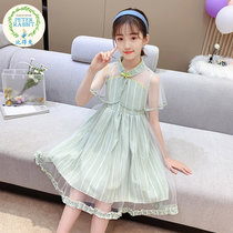 比得兔 女童连衣裙夏装2021年新款儿童小清新童装公主裙女孩夏季纯棉裙子(160 绿色)