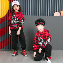 少儿街舞服装帅气嘻哈迷彩衣服男童街舞套装儿童演出服女童卫衣潮 红色(红色)(170cm)