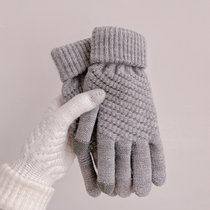 可触屏手套女冬韩版加绒纯色简约保暖针织骑车连指手套(灰色)