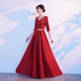 大合唱团演出服晚礼服女长裙2021新款显瘦红歌走秀中国风朗诵服装(红色 S)