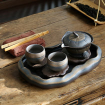 复古粗陶茶具套装 家用陶瓷茶杯茶壶粗陶简约功夫茶具套装(粗陶一壶两杯（款式五）)