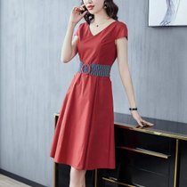 一三得衫2022年夏季新款时尚气质优雅V领腰带连衣裙(红色 XXL)
