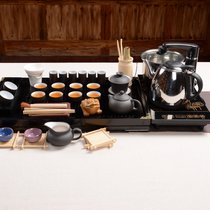 紫砂茶具套装 整套茶具 功夫实木茶盘电热炉四合一组合(黑荷花杯架内白紫砂+中华)