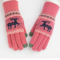 新款小鹿款保暖手套五指触屏毛线针织棉保暖学生大人骑行卡通韩版手套(玫红色 单层)